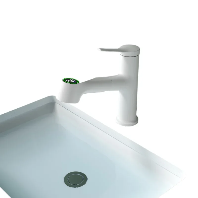 

Intelligent digital display all-copper hot and cold faucet pull-out telescopic gun gray-white basin faucet