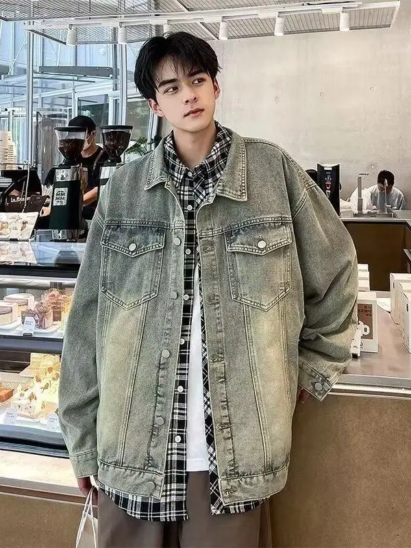 

Loose Fit Men's Denim Jaet Autumn Spring Vibe Sli Student Faion Casual Collar Coat Polyester Fabric Straight Hem