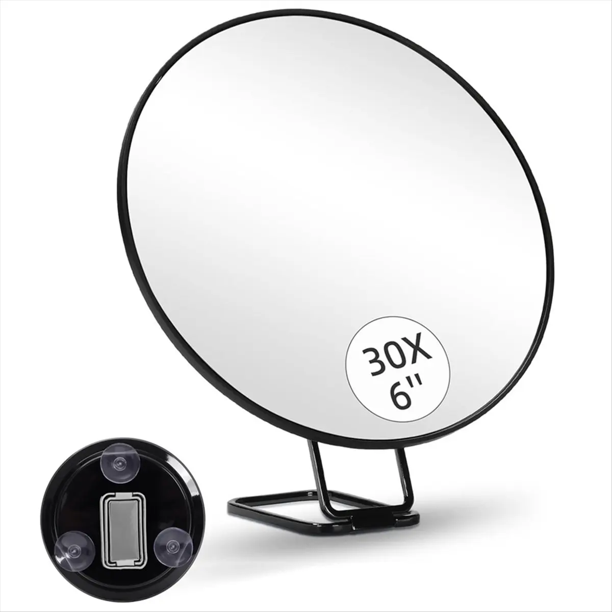 ●30X Magnifying Mirror with Stand Tweezers Magnified Makeup Mirror with 3 Suction Cups for Grooming & Travel