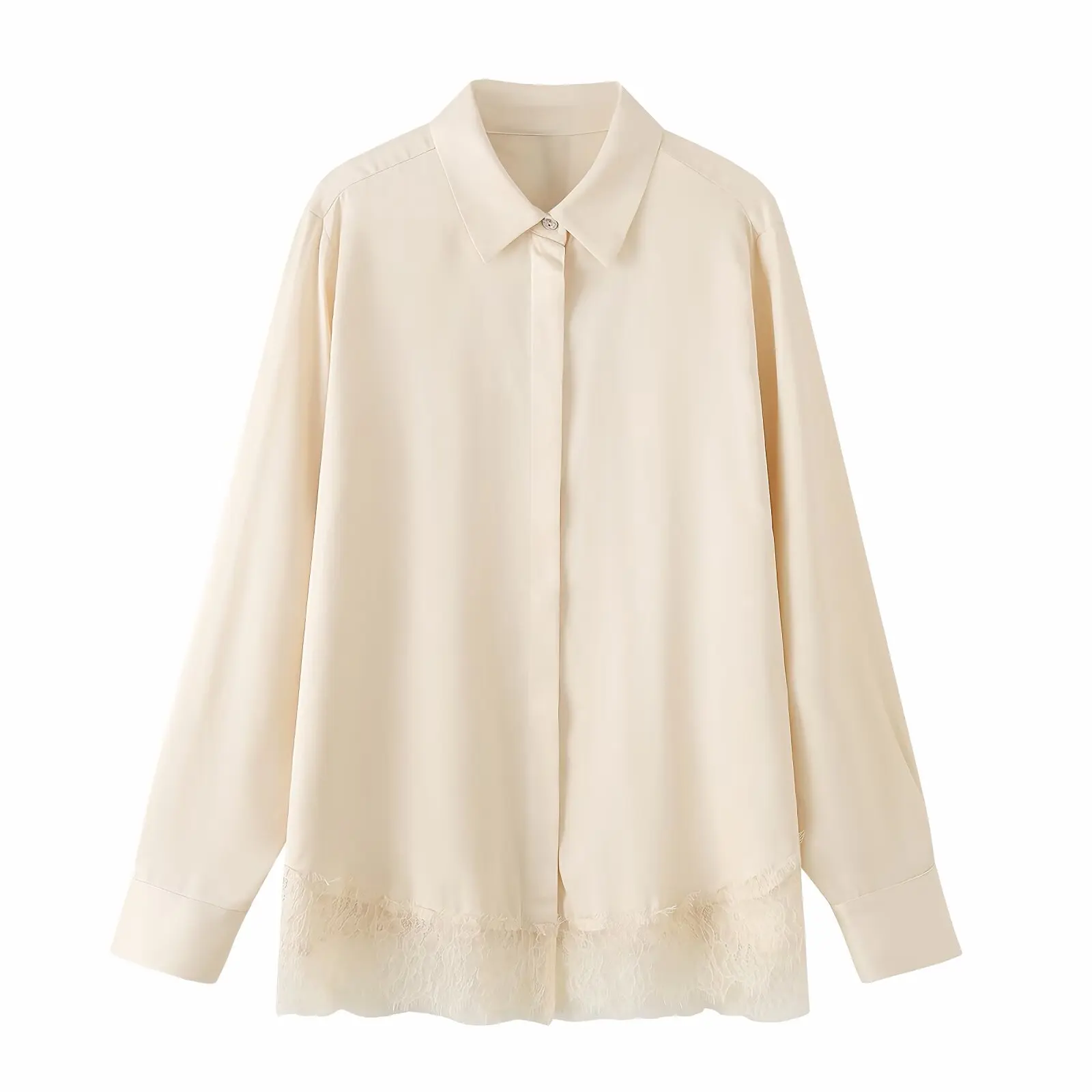 

2026 Spring Summer Women's Vintage Long Sleeve Silk Satin Lace Shirts Office Lady Elegant Beige High Street Button Up Blouses