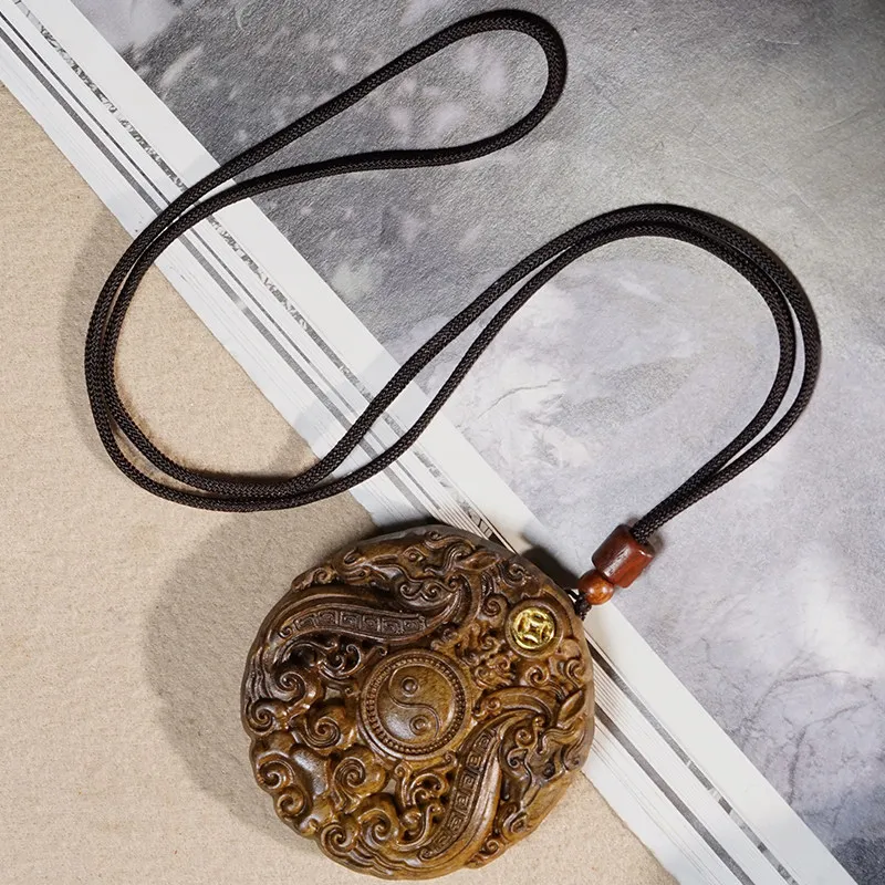 Agarwood Bagua Rotating Pendant Necklace Peace Tag Wooden Carved Vintage Amulet for Men and Women Gifts