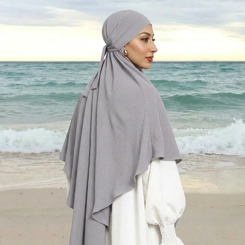 New Pure Color Ice Silk Muslim  Hijab Elegant and Versatile Ice Silk Wrinkled Strap Headscarf 107 * 130cm
