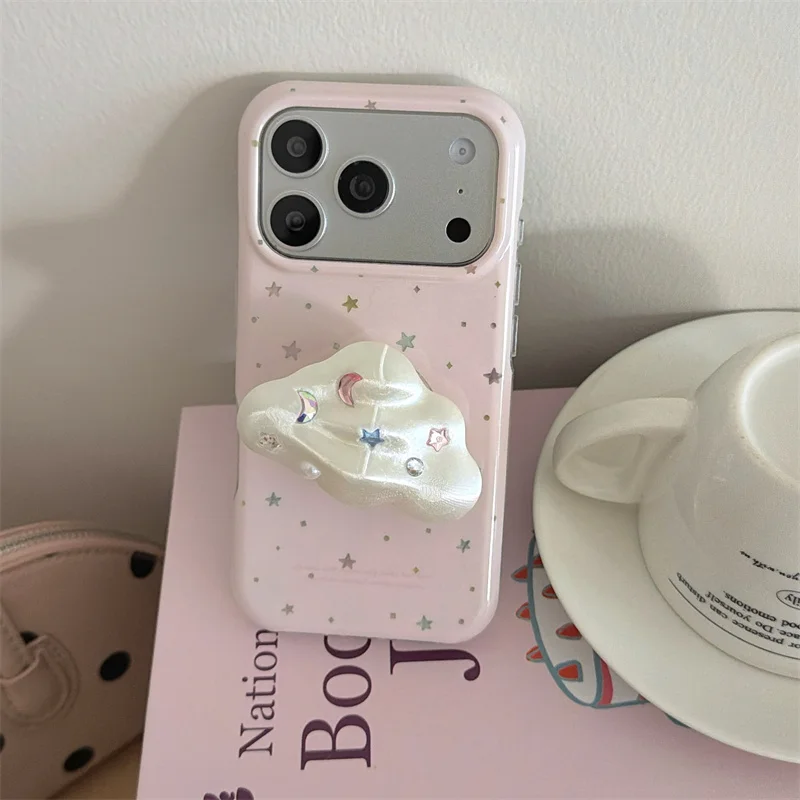 Cute Pink Star Bow Phone case For iPhone 15 16 17 Promax Luxury Pearl Wrist Holder Camera Protection Cover Girls Gift Shockproof