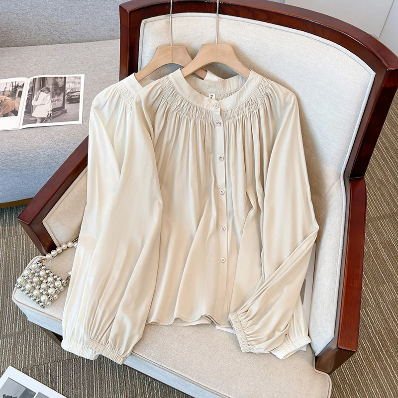 حجم كبير مطوي irt المرأة الراقية فضفاض التخسيس فقاعة Sve بلوزة شيفون العصرية الحلو Sle طويل Sve ميدي طول #1