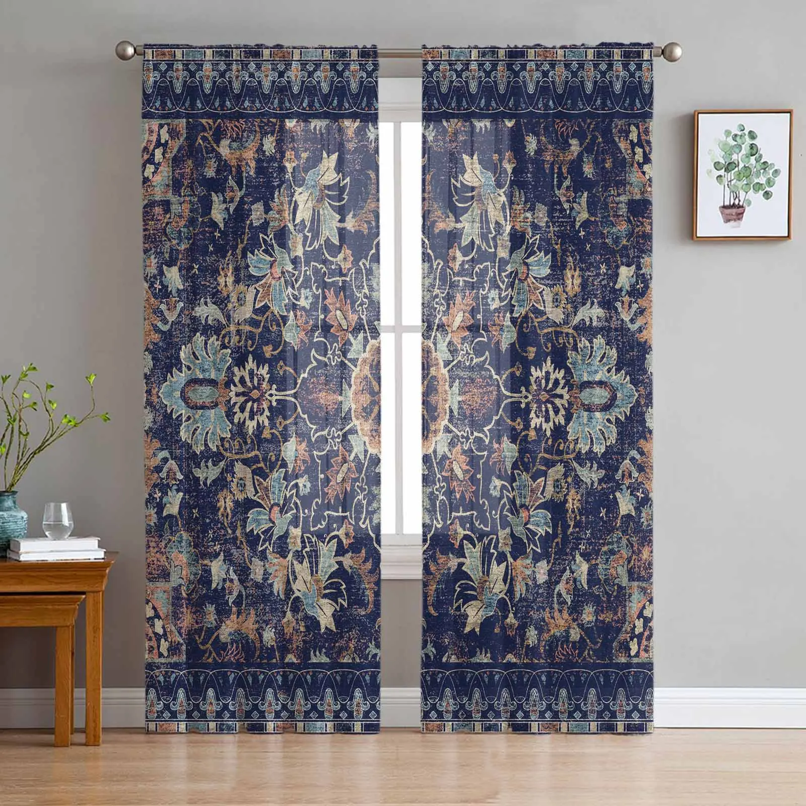 Texture Flower Ethnic Tribal Carpet Curtains For Living Room Bedroom Kitchen Decoration Window Tulle Curtain