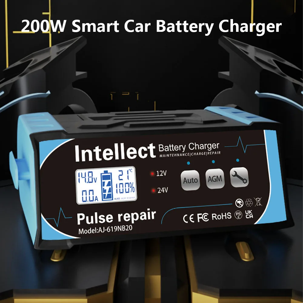 210W Smart Car Battery Charger High Power 12V-24V Automatic Identification Battery Pulse Repair Charger Car Motorcycle