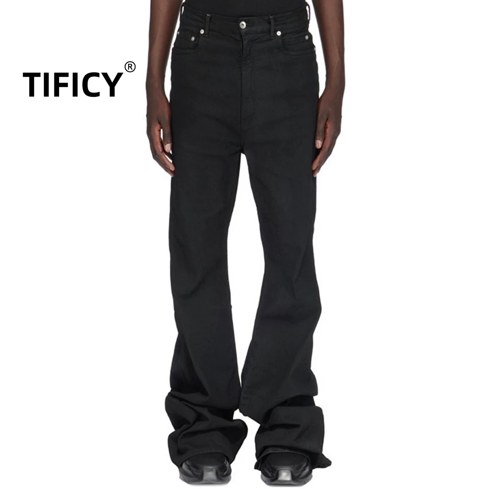High Street Ro Dark Denim Pants Women's High Elasticity Floor Dragging Pure Black Matte Jeans Wide Leg Flared Pants Look Thin