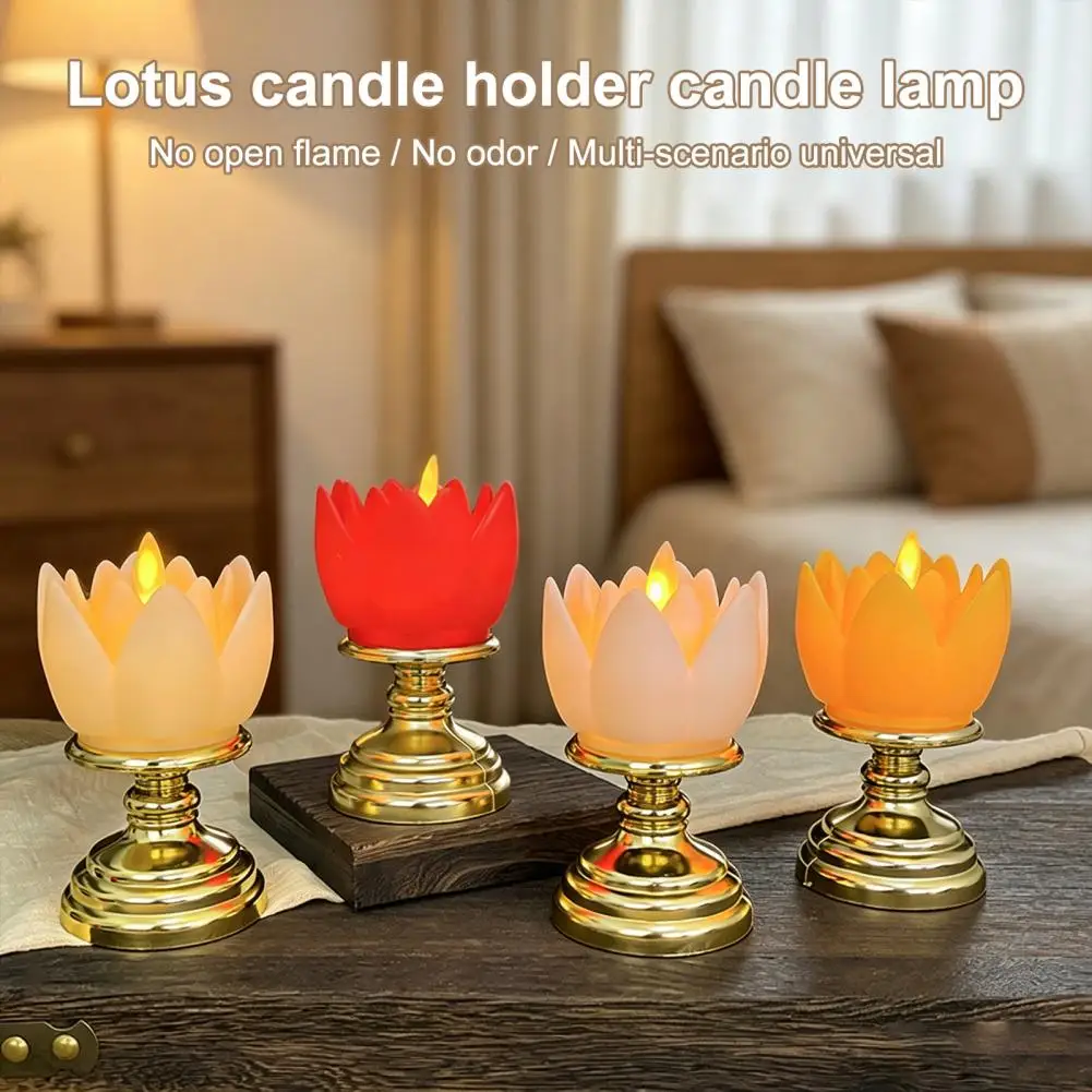Lotus Candle Holder Electronic Tea Light Lotus Led Flameless Candle Light with Golden Base Flickering Tea Light for Meditation