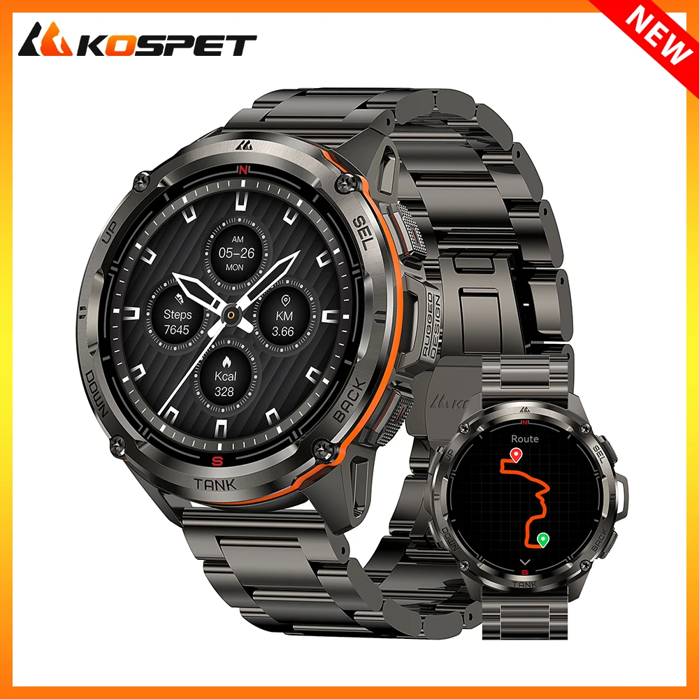 KOSPET TANK T3 Ultra GPS Smart Watch Men Compass Altimeter Stainless Steel AMOLED 470mAh Waterproof Bluetooth Call Mens Watch