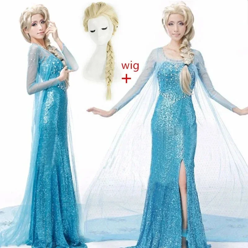 Disfraz de Reina de las Nieves Elsa para mujer adulta, vestido de fiesta, disfraz elegante y peluca para Halloween, Carnaval, Purim, fiesta de disfraces
