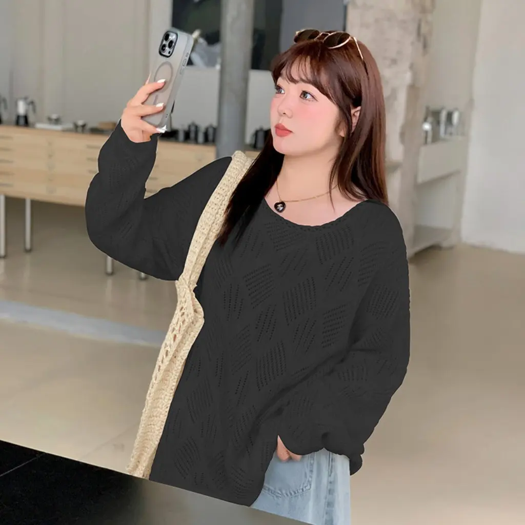 

Shuangtian plus Size Women's Crew Neck Sweater Autumn Rhombus Hollow Design Fat Sister Wholesale F207