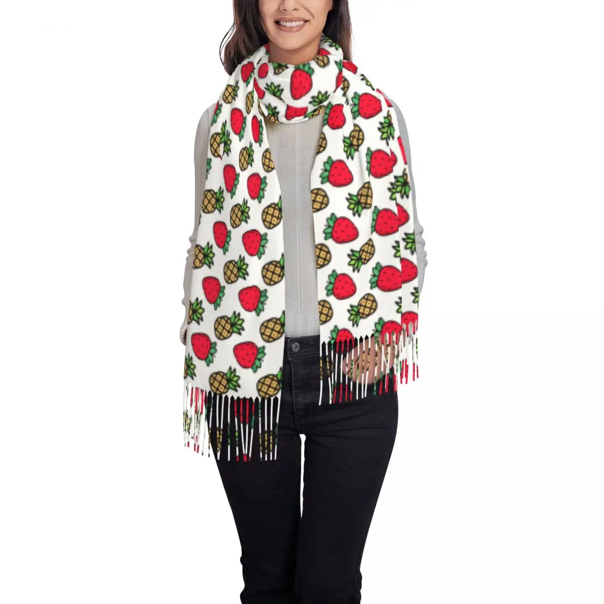 Strawberries Pineapples Fruits Scarf Wrap Women Long Winter Warm Tassel Shawl Unisex Scarves