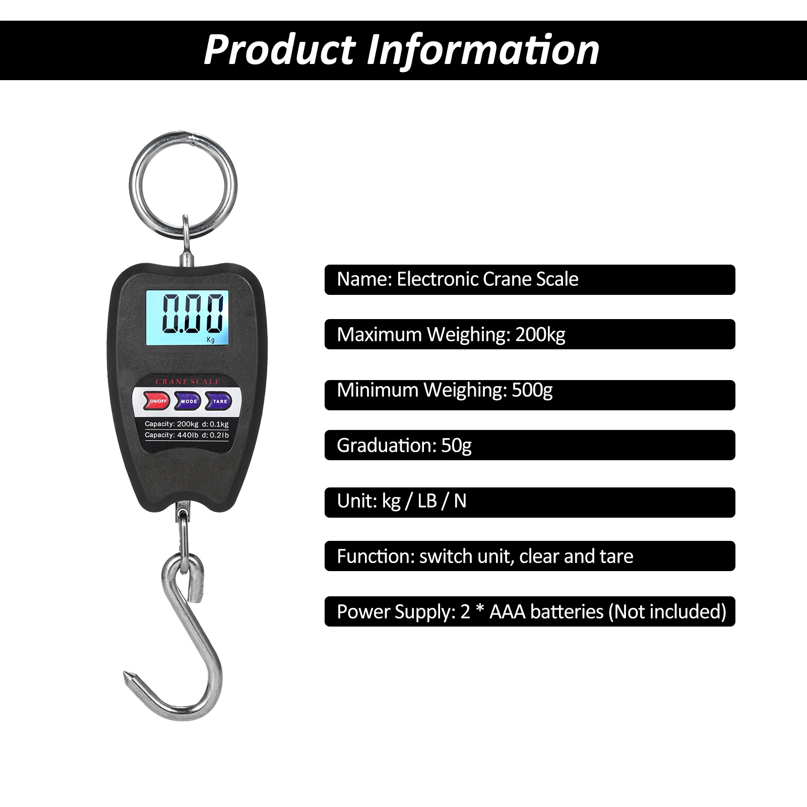 440lb Digital Hanging Scale with Accurate Sensors Handheld 200Kg Mini Crane Scale with Hooks