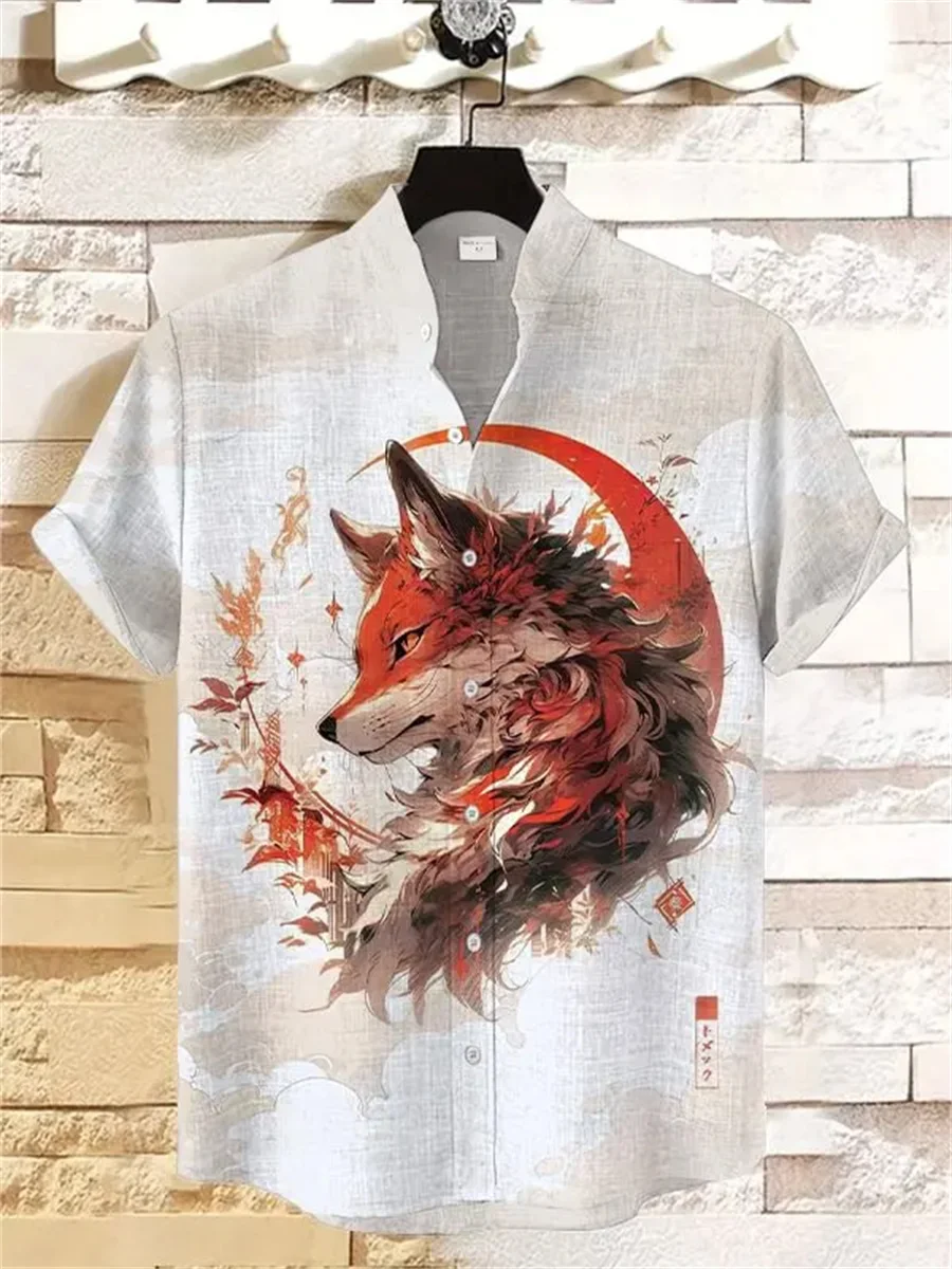 2025 new men's retro linen stand collar short-sleeved shirt, animal octopus pattern print, comfortable and casual men's tops