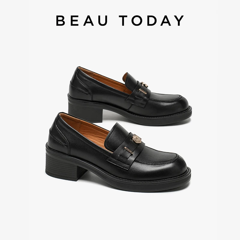 BEAUTODAY Chunky Loafers Women Calfskin Leather Round Toe Solid Color Sewing Outdoor Casual Shoes Female Handmade 26472