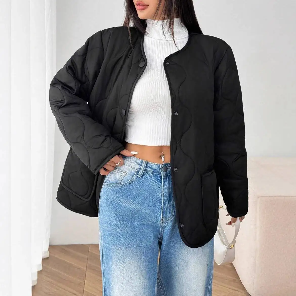 

New Style 2025 Seamless Women's Lightweight Cotton Jacket Autumn Winter Diamond Pattern Collarless Cotton Coat