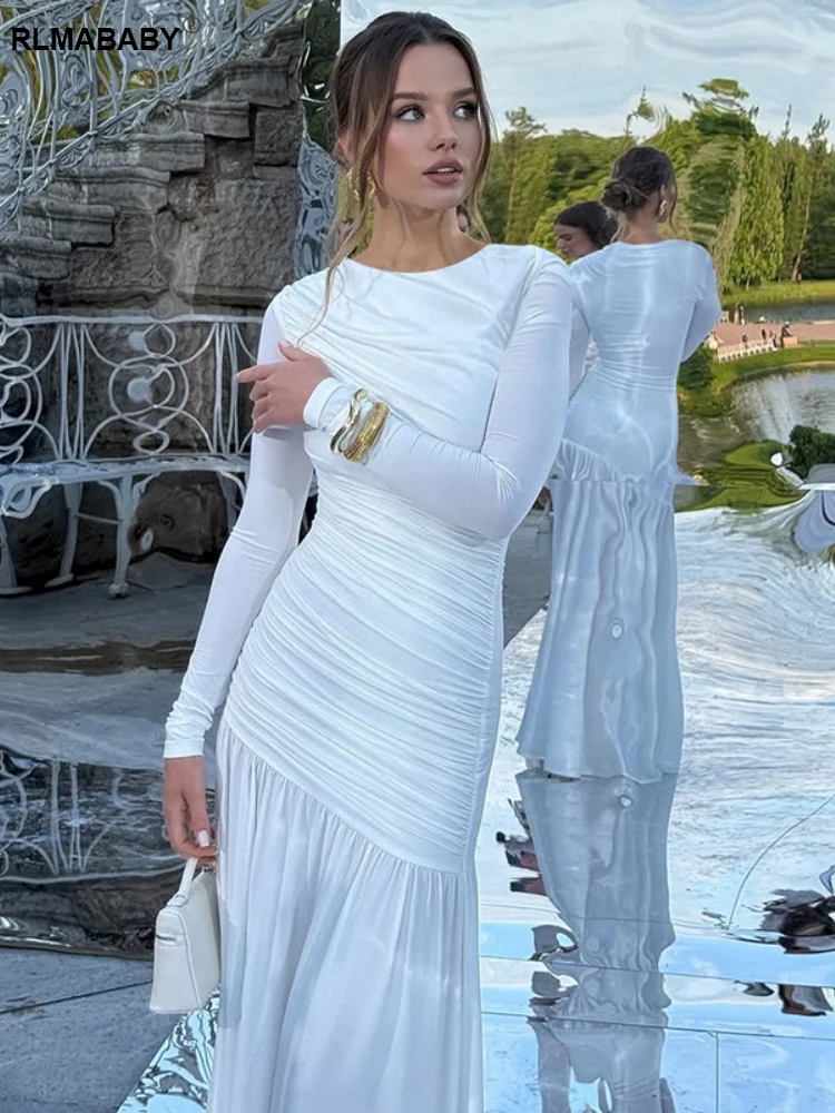 فستان RLMABABY أنيق للنساء للخريف بياقة دائرية وأكمام طويلة مكشكش فستان طويل مثير بخصر عالٍ ثنيات طيات للحفلات فستان ماكسي #4