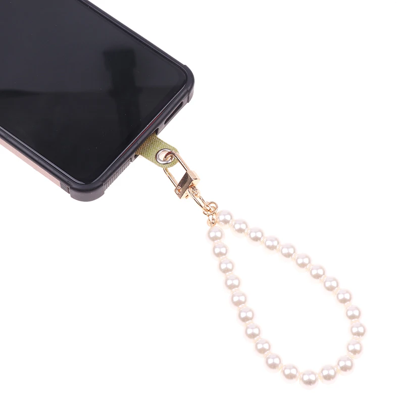 White Pearl Beaded Cord Link Chain Mobile Phone Strap Lanyard Cell Phone Hanging String Rope Wristband