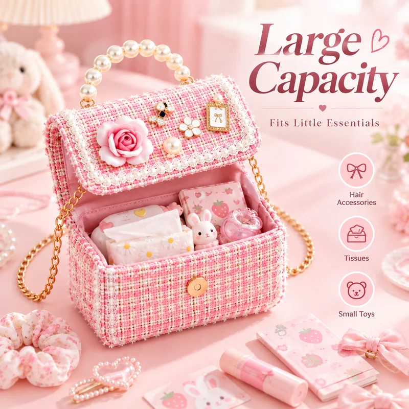 Girls Tweed Pearl Handle Crossbody Bag, Cute Camellia Lace Mini Handbag for Princess Party Flower Girl Wedding Birthday Gift Pur