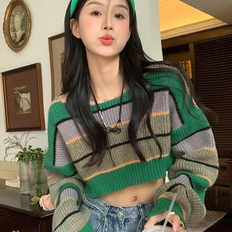 

Green Striped Sweater and Pullover Woman Harajuku Streetwear Y2K Knit Crop Tops Women Thicken Autumn Winter Pullover