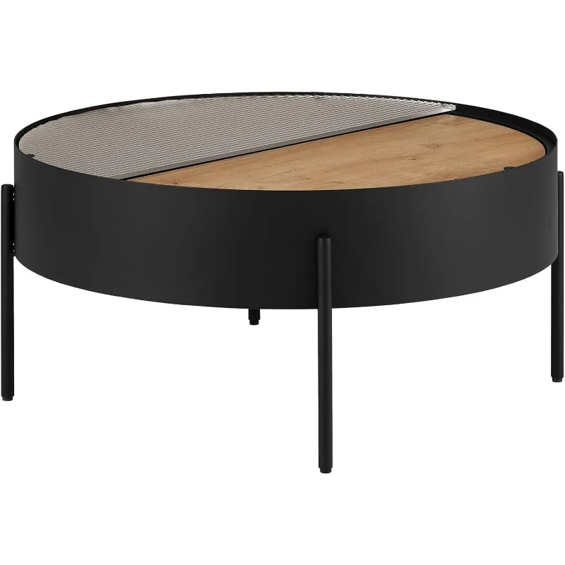 

Contemporary Faux Marble Drum Coffee Table with Sliding Top, English Oak