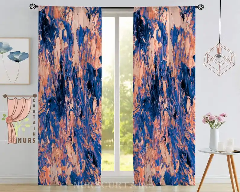 Abstract Blue Orange Art Curtain Modern Fluid Pattern Drapes for Living Room Bedroom Home Decor