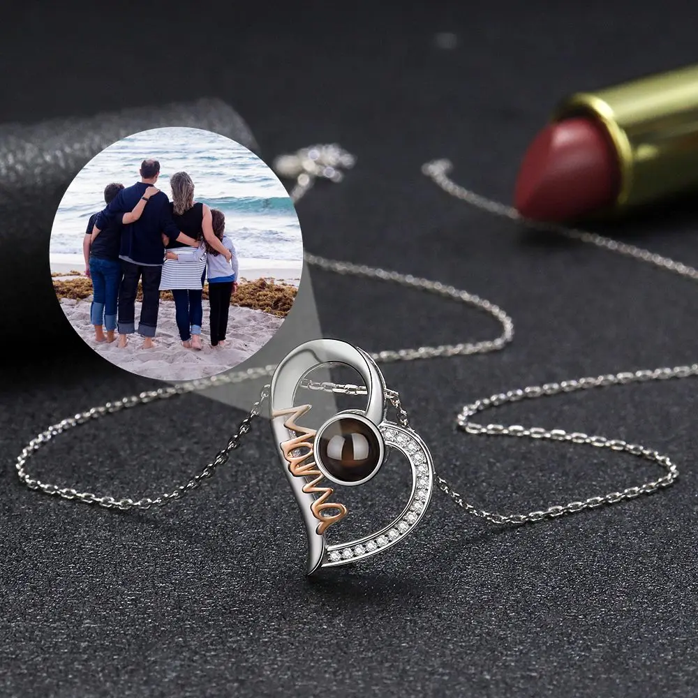 Custom Photo Necklace Personalized Projection Photo Necklace for Women Mother's Day Jewelry Mom Heart Pendant Memory Gift