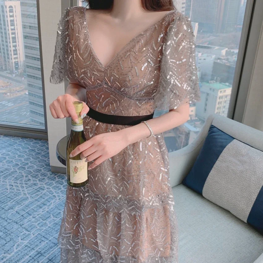 

Sequin Mesh Women's Dress V Neck A-line Runway Design Bodycon Dress Vintage Party Streetwear Elegant Maxi Vestidos Summer