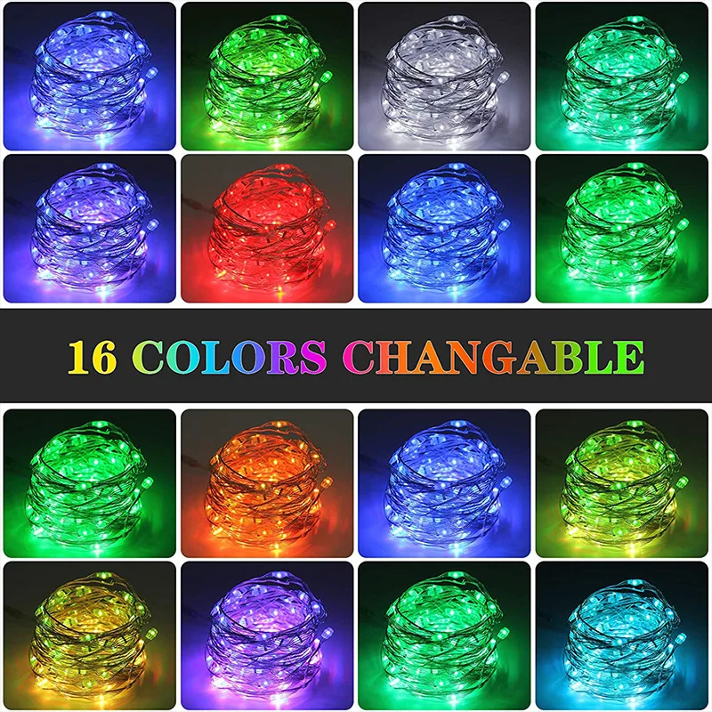 LED String Lights with Remote Control, RGB, 16 Color, Silver Wire, Garland Light, Christmas, Wedding Party Decoration, 5m 10m12m