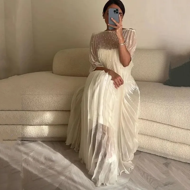 Aleeshuo Simple White Straight Prom Dresses Glitter Pearls Short Sleeve Party Dresses Tulle Boat Neck Vestidos De Ocasión 2024