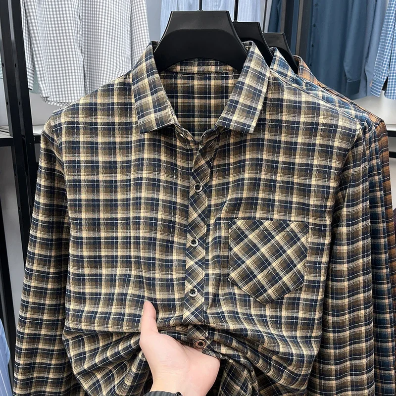 Men's Plaid Shirt Long Sleeve Lapel Collar Soft Cotton Fabric Casual Business Comfortable Daily Top Breathable