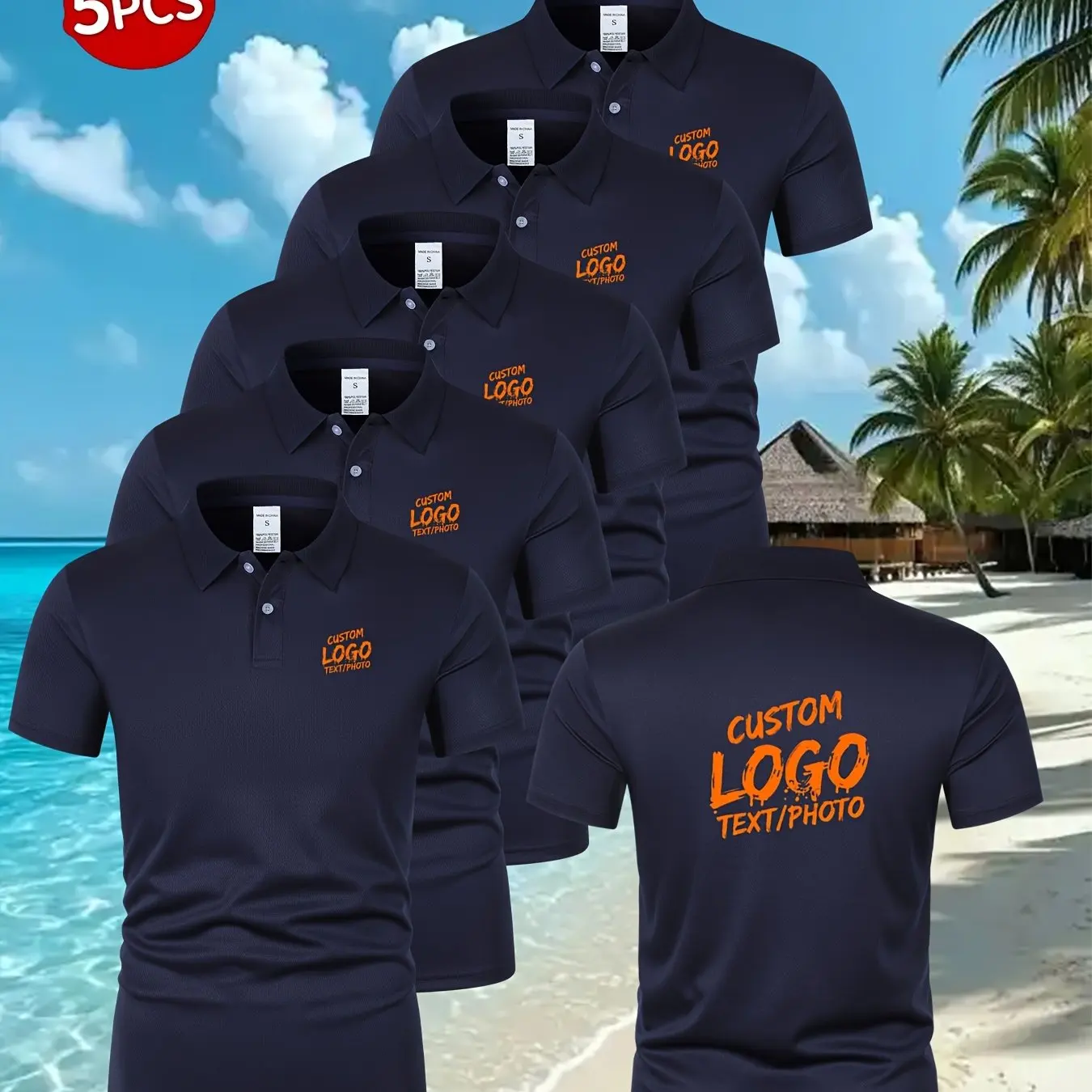 Set of 5 Custom Summer Men's Golf Shirts, Can Personalize with Logos/Text, Perfect for Store Promotions and Various Occasions, S