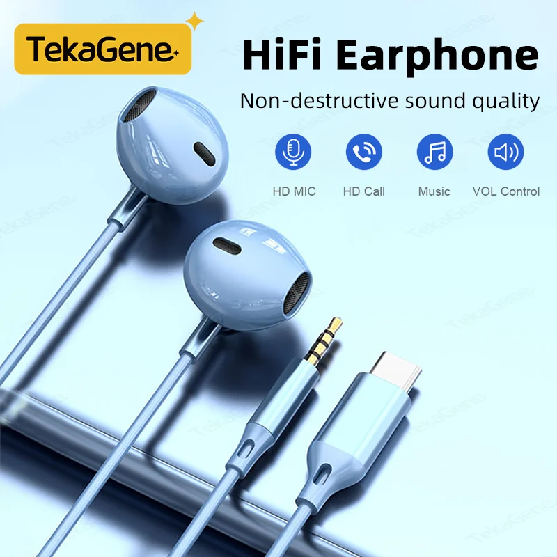 Half-In-Ear Wired Headphones HiFi Music Earbud Handfree Earphone Type-C 3.5mm With Mic For iPhone 16 15 For Samsung  Huawei