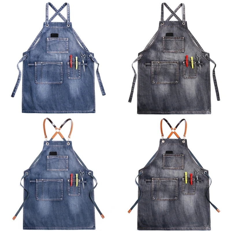 

KX4B Chef Apron Adjustable Barista Apron with Pockets Kitchen Cooking Baking Aprons