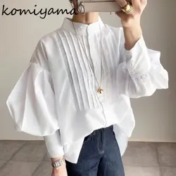 Komiyama Vintage Elegant Stand Collar Pleated Blusas Mujer Spring Moda Lantern Sleeve Women Shirts Loose White Ruched Tops