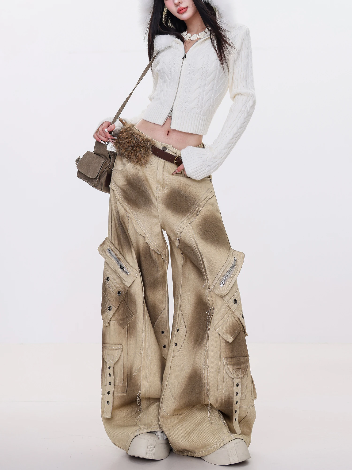 

Оригинальные американские джинсы в стиле High Street Workwear, свободные широкие джинсовые брюки для женщин, с множеством карманов, винтажный вид, осенние женские джинсы.