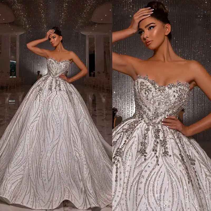 

Shiny Sequins Ball Gown Bridal Dresses Sweetheart Sleeveless Wedding Dresses Crystals Beadeds Customized Vestidos De Novia