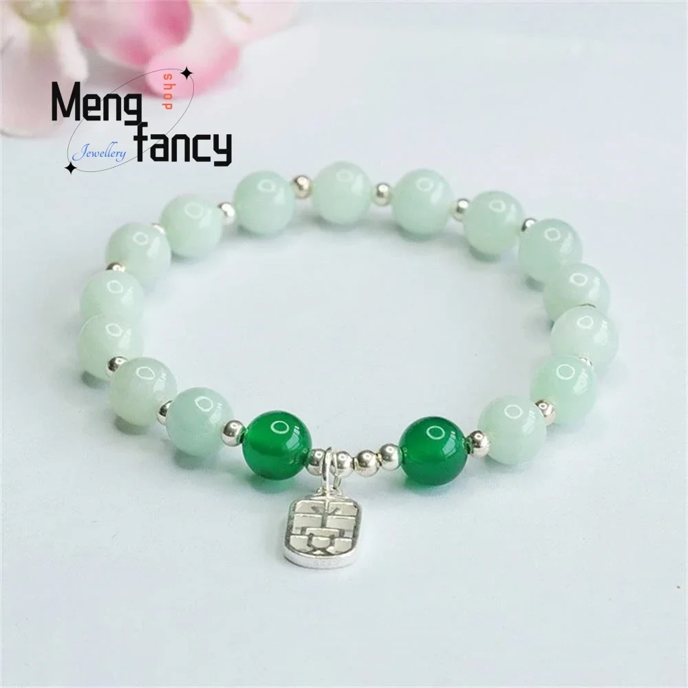 

Natural Myanmar A-goods Jadeite String S925 Silver Peace Sign Bracelet Exquisite Elegant Charm High-grade Luxury Quality Jewelry