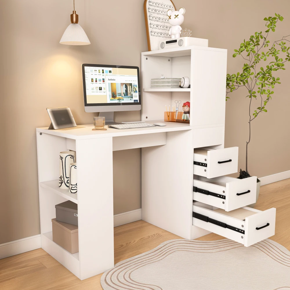 Orraves White Computer Desk with 4-in-1 Socket, the Desk with 3 Slide Drawers and 4 Storage Levels, the Wooden Desk Is Suitable for a Variety of Places
