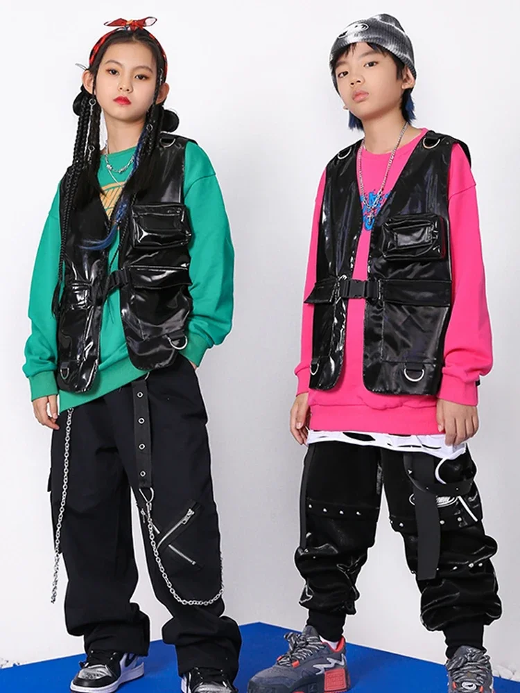 Modern Jazz Dance Costume Concert Stage Show Wear Kids Black Leather Vest Hip-Hop Pants Long Sleeves Tops