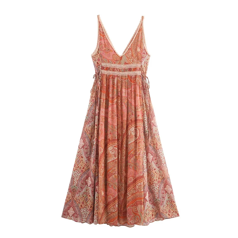KEYANKETIAN 2026 New Women's Boho Paisley Print Maxi Dress V Neck Spaghetti Strap Lace Trim Drawstring Waist A Line Summer Dress