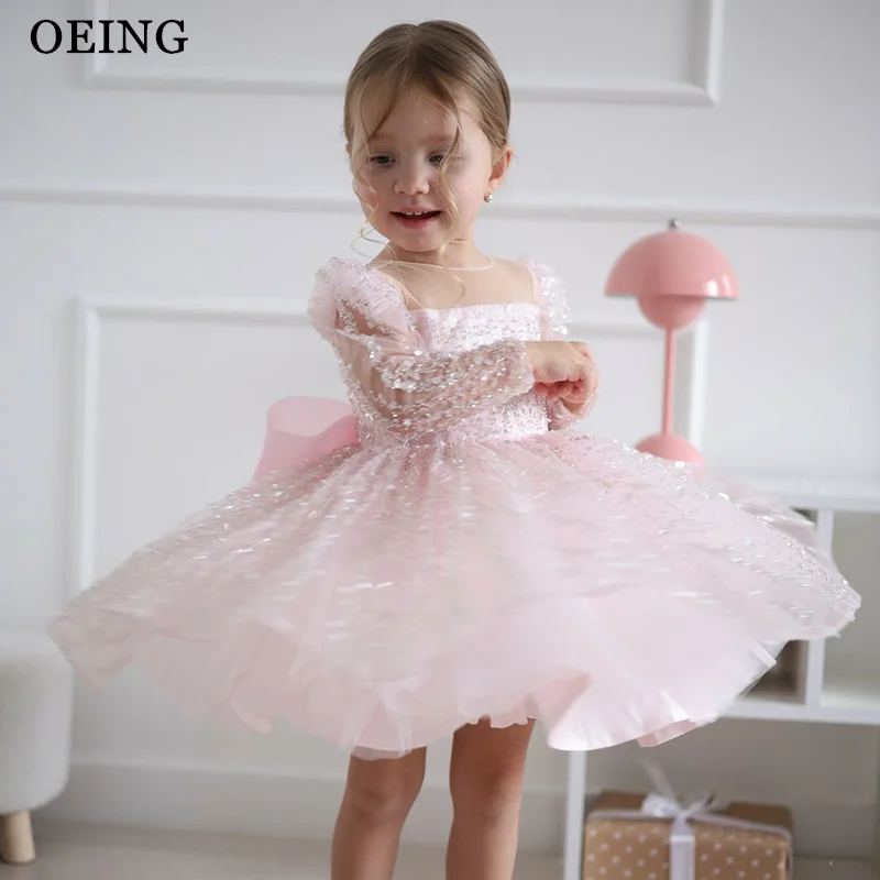 

Простое розовое платье для девочек OEING, А-силуэт, с цветочным узором, со звездными пайетками, для свадебной вечеринки, с большим бантом, на день рождения, для принцессы, на заказ