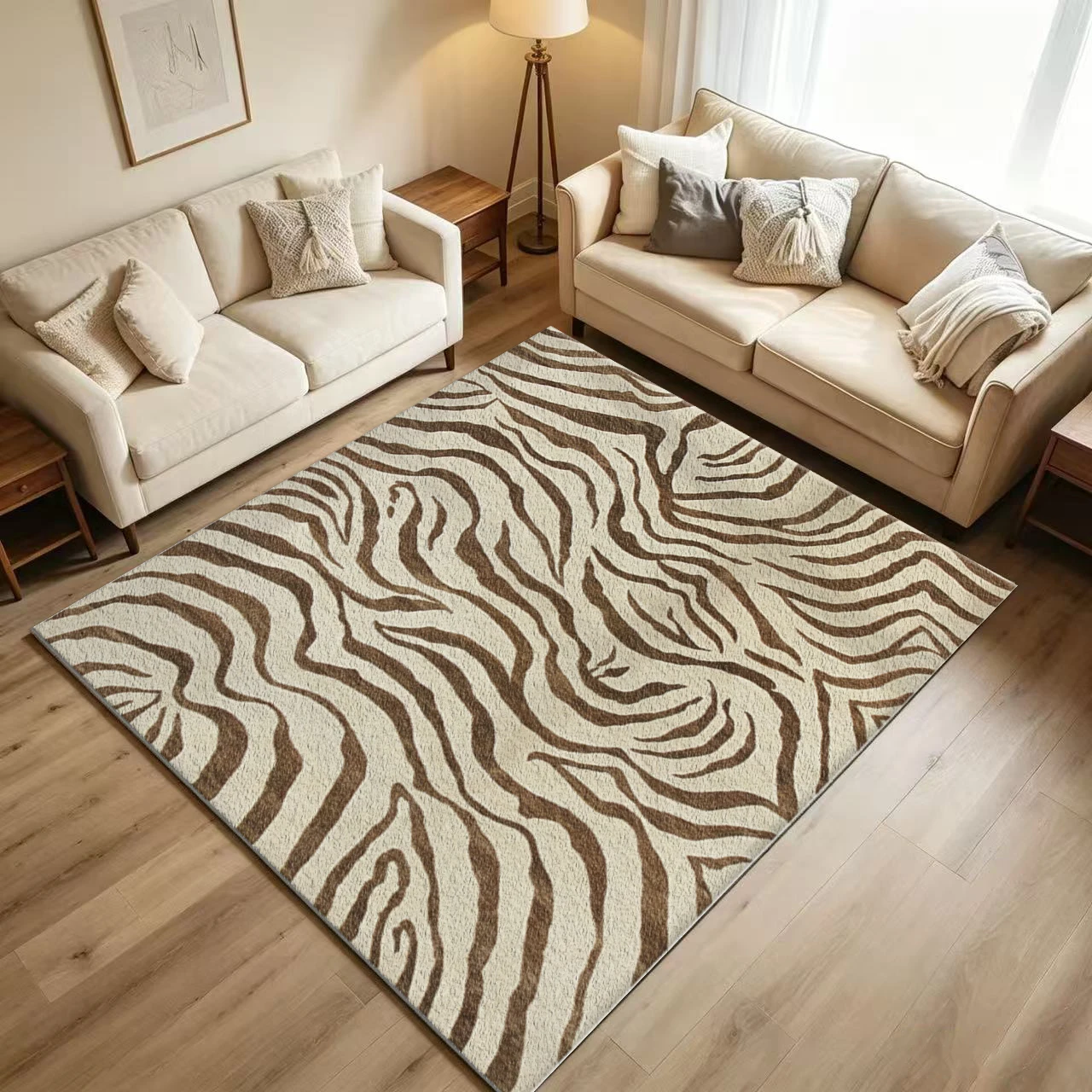 Beige Brown Zebra Print Animal Pattern Carpet, Non-Slip and Washable Floor Rug Suitable for Living Room, Bedroom, Safari, Modern Home Decor