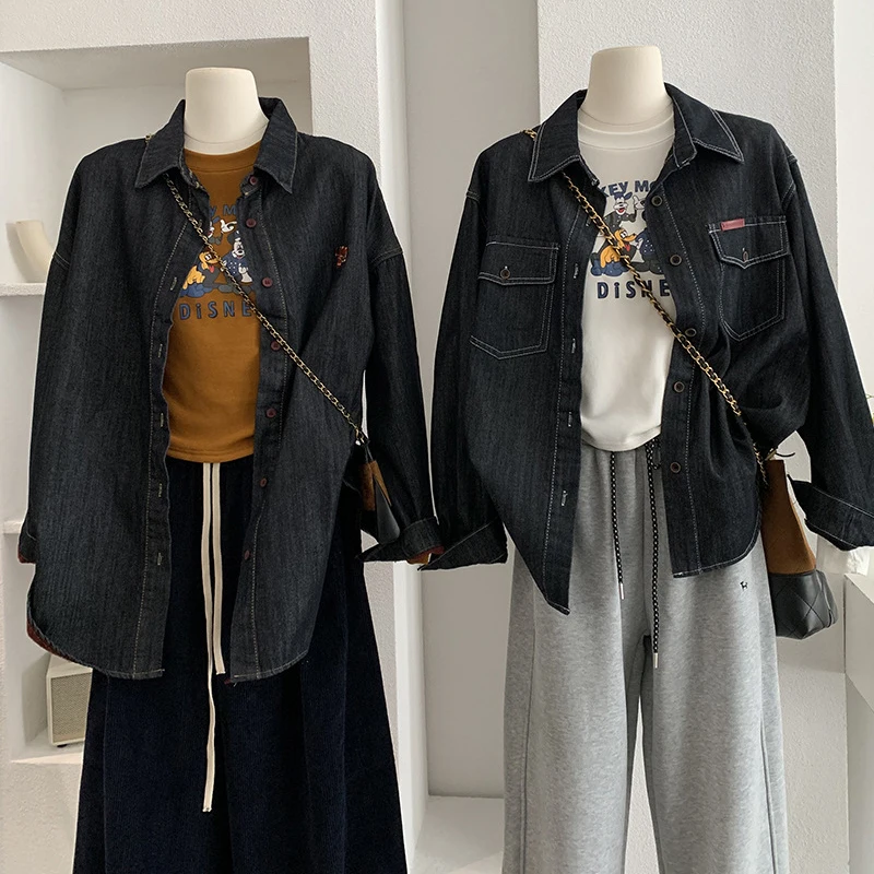 التلبيب المخملية المرأة الدنيم سترة الخريف الشتاء موضة كم طويل فضفاض معطف دافئ منتصف طول الإناث ملابس خارجية سميكة القمم #2