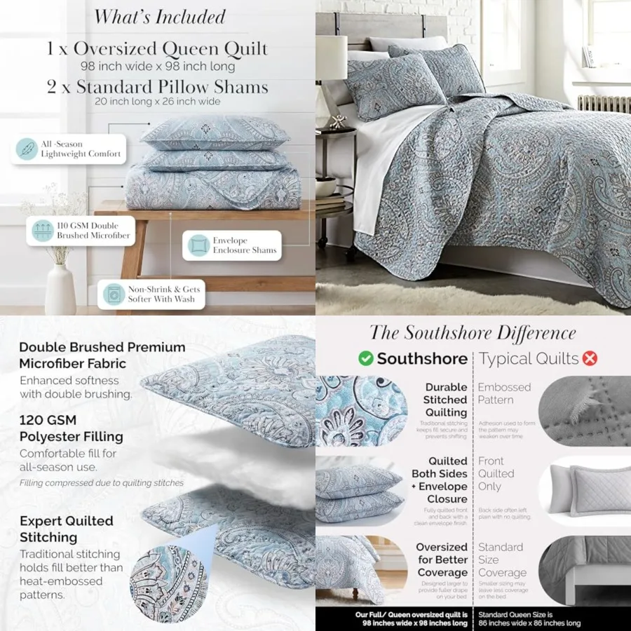 

Queen Quilt Bedding Set, Paisley Full Size Summer Bedspread, Boho Bedding Set for Full Size Mattress, Queen Size Quilt Coverlet & Matching Shams, Pure Melody Aqua
