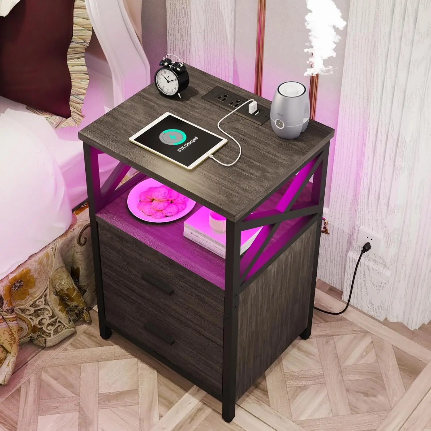 LED Nightstand with Charging Station, Side Table with USB Ports and Outlets, End Table for Small Spaces, Grey Bedside Tables wit