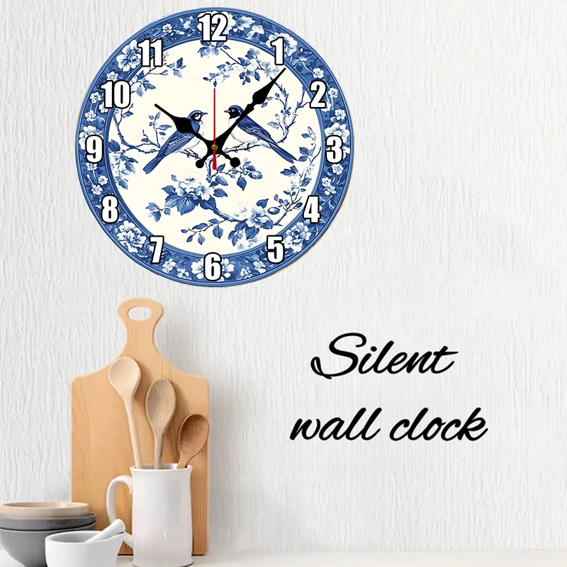 Blue Birds Floral Wooden Round Silent Hanging Wall Clock, Suitable For Living Room, Office, Study Room, Bedroom, Home Decoration