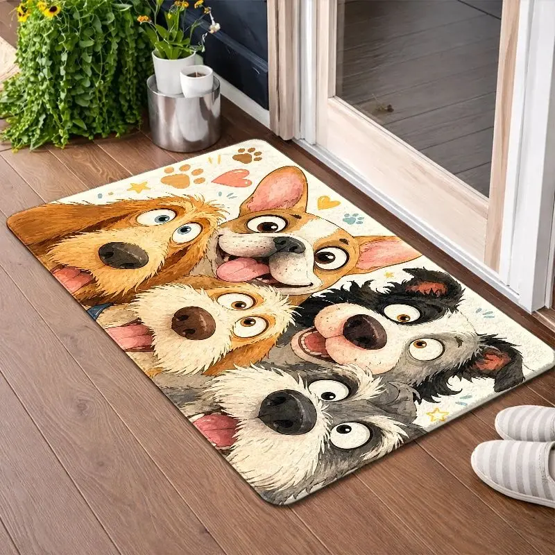 VIKAMA Five Dogs Cartoon Door Mat Funny Puppies Print Non Slip Rug For Entryway Front Door Indoor Outdoor Decor