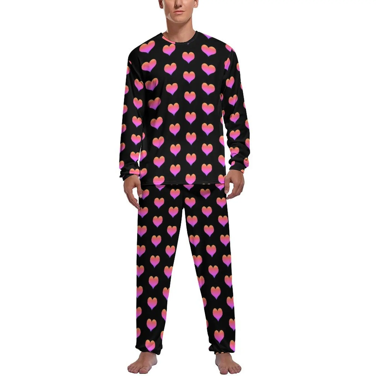 

Pink Hearts Print Pajamas Autumn Valentine's Day Bedroom Nightwear Mens 2 Piece Custom Long Sleeve Kawaii Pajama Sets