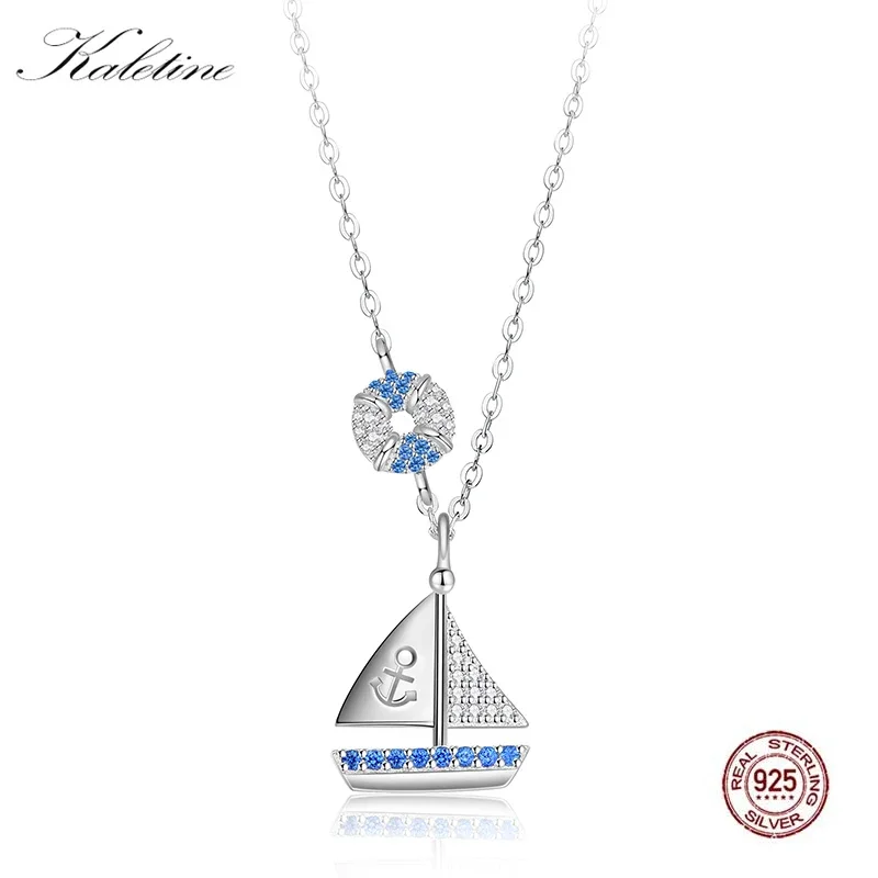 

Kaletine 925 Sterling Silver Necklace Women Sailing Boat Main Blue Stone Anchor custom Necklace Pendants Choker Mens Jewelry